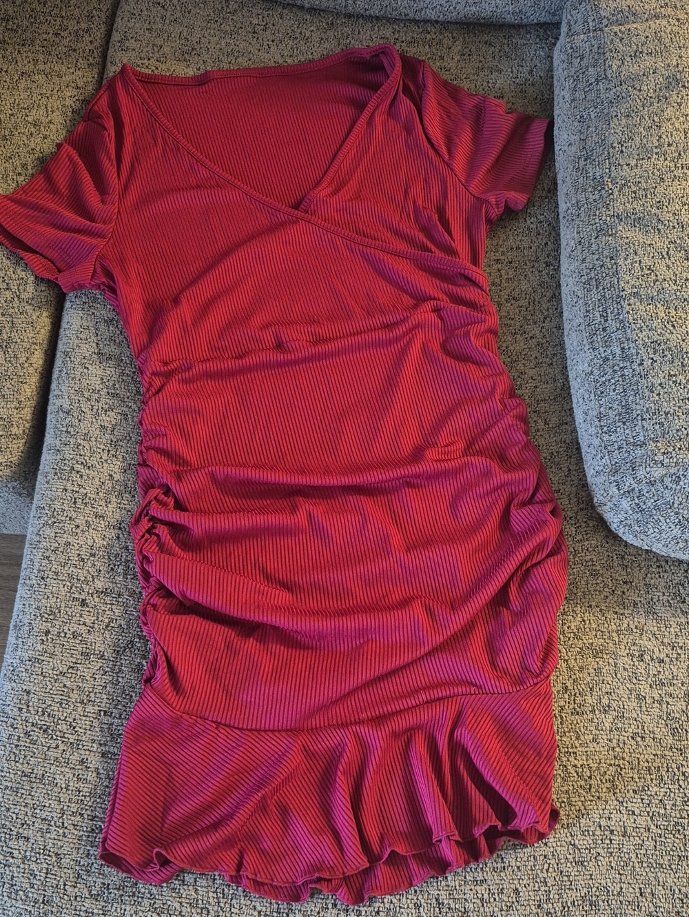 Women's Ribbed Wrap Mini Dress in Burgundy Sz XL - Picture 7 of 9